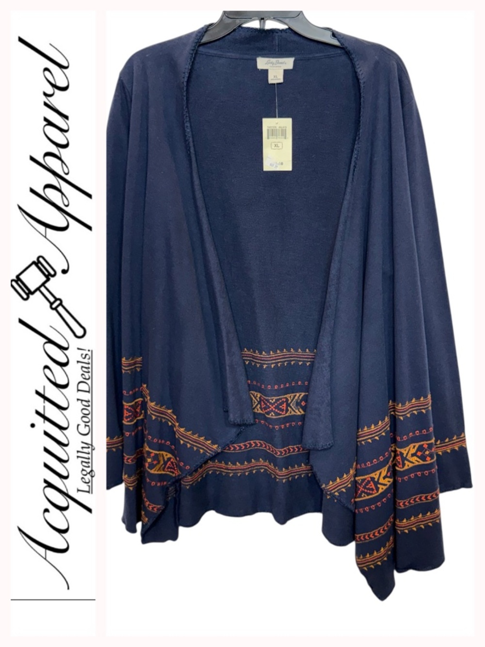 Lucky Brand Dolman Open Front Navy Sweater Cardigan with Tribal Trim XL